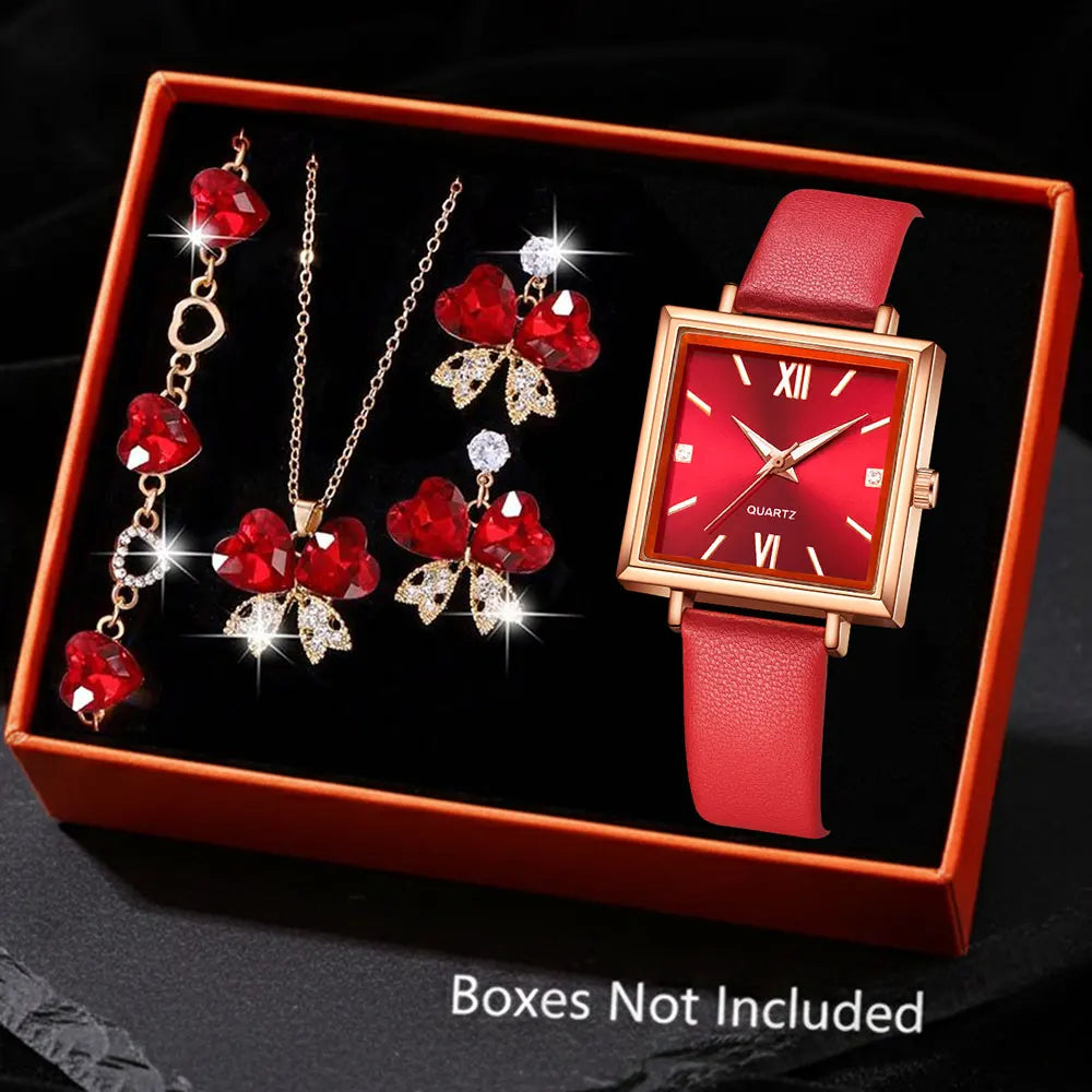 Ladies Elegant Red Leather Watch & Bracelet Set