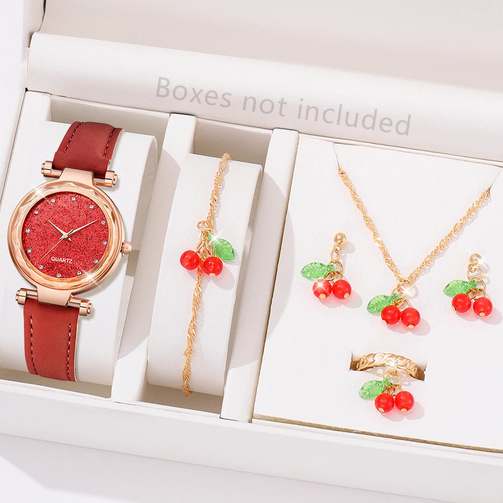 Ladies Elegant Red Leather Watch & Bracelet Set
