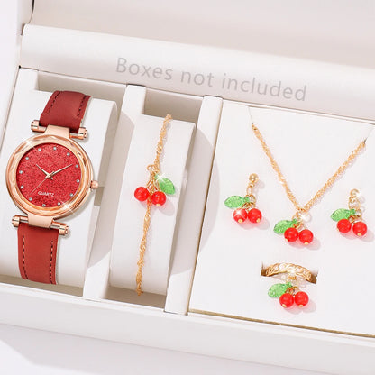 Ladies Elegant Red Leather Watch & Bracelet Set