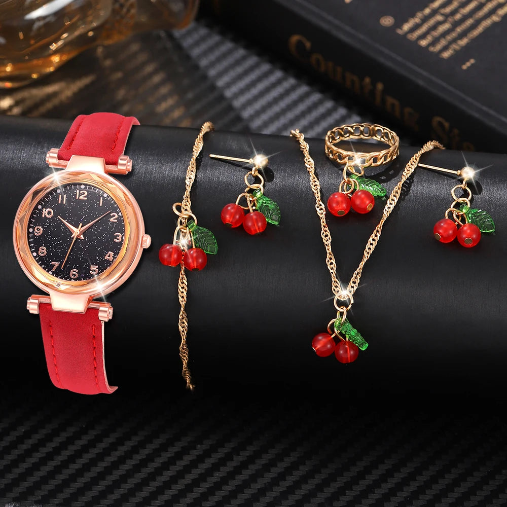 Ladies Elegant Red Leather Watch & Bracelet Set