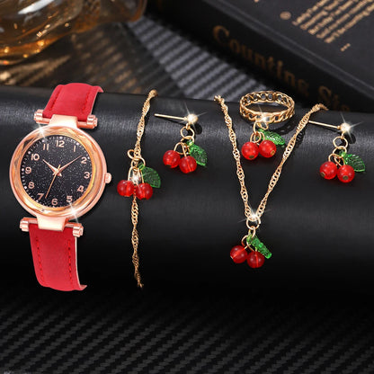 Ladies Elegant Red Leather Watch & Bracelet Set