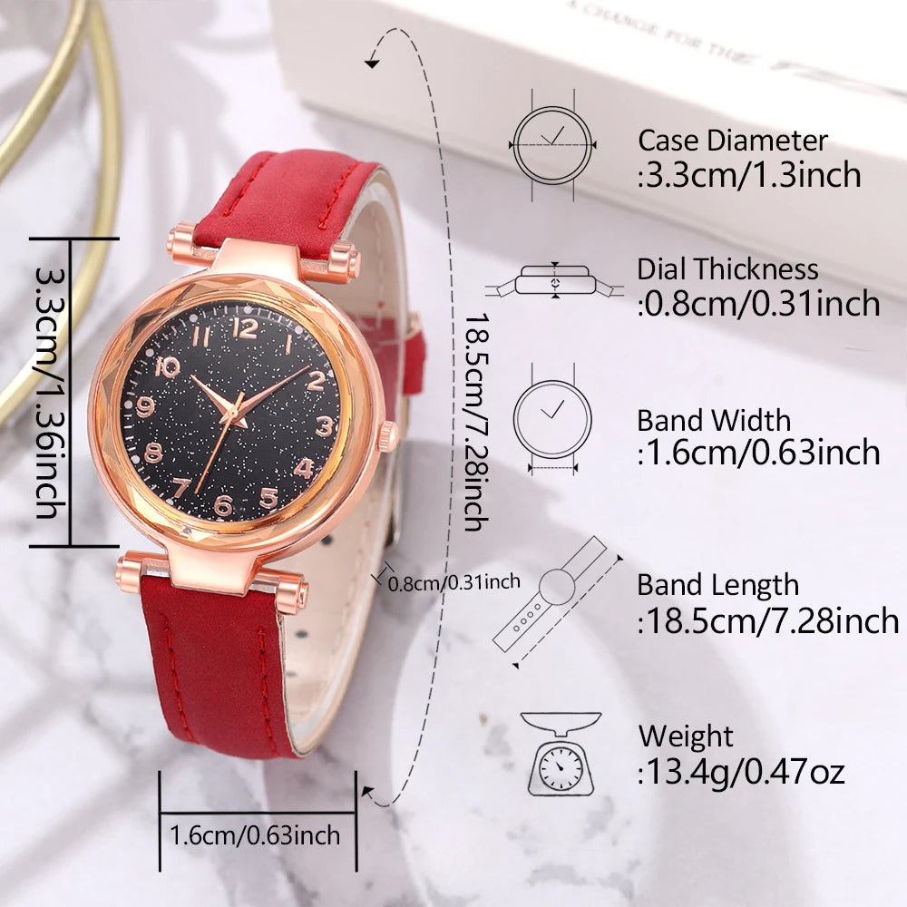 Ladies Elegant Red Leather Watch & Bracelet Set
