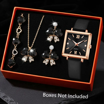 Ladies Elegant Red Leather Watch & Bracelet Set