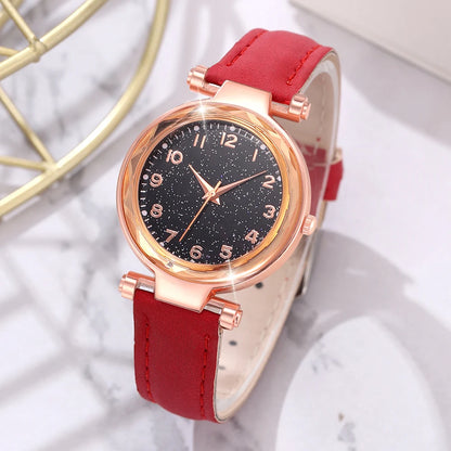 Ladies Elegant Red Leather Watch & Bracelet Set