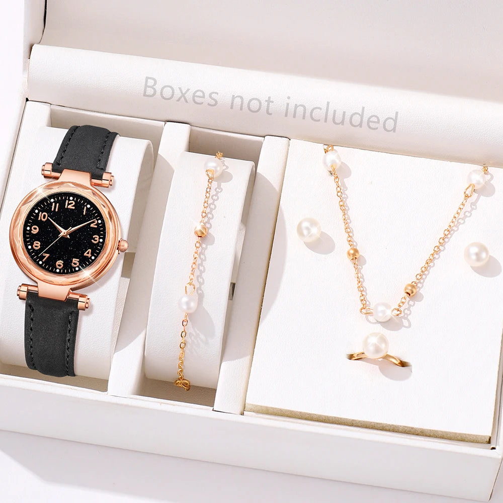 Ladies Elegant Red Leather Watch & Bracelet Set