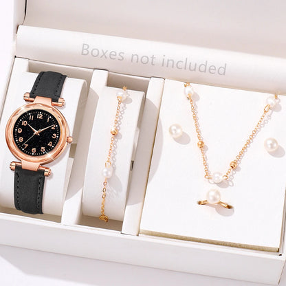 Ladies Elegant Red Leather Watch & Bracelet Set