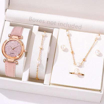 Ladies Elegant Red Leather Watch & Bracelet Set