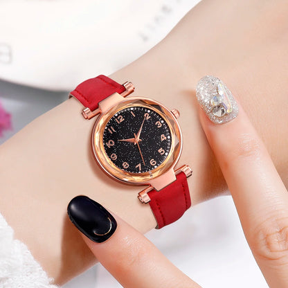 Ladies Elegant Red Leather Watch & Bracelet Set