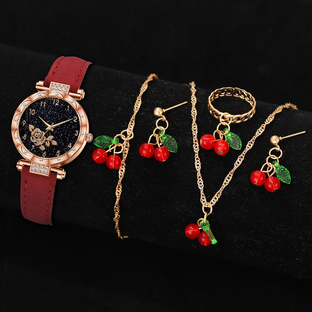 Ladies Elegant Red Leather Watch & Bracelet Set