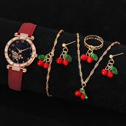 Ladies Elegant Red Leather Watch & Bracelet Set