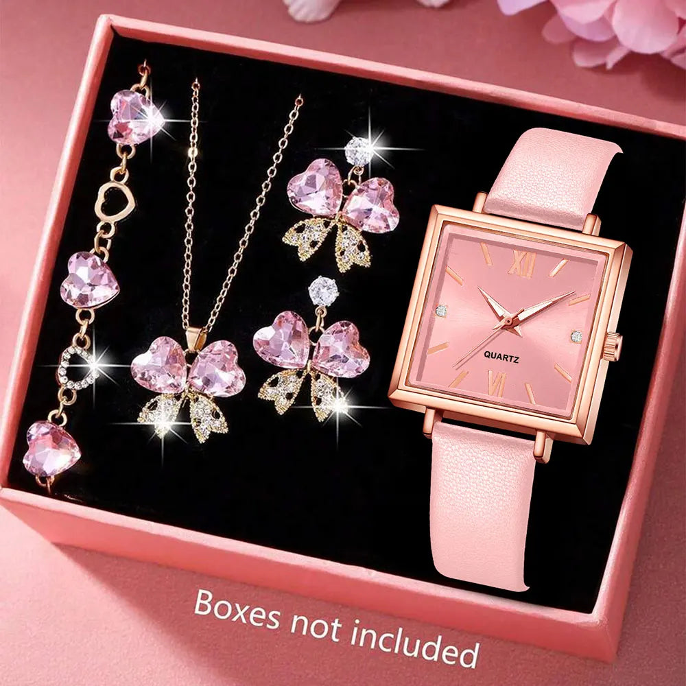 Ladies Elegant Red Leather Watch & Bracelet Set