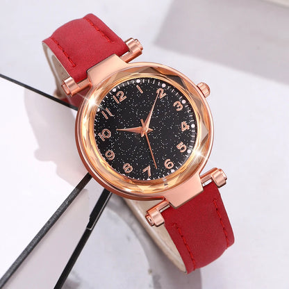 Ladies Elegant Red Leather Watch & Bracelet Set