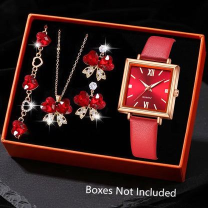 Ladies Elegant Red Leather Watch & Bracelet Set